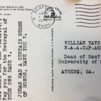Angry Letter Addressed to William Tate Regarding His Support of the Integration Process at the University of Georgia